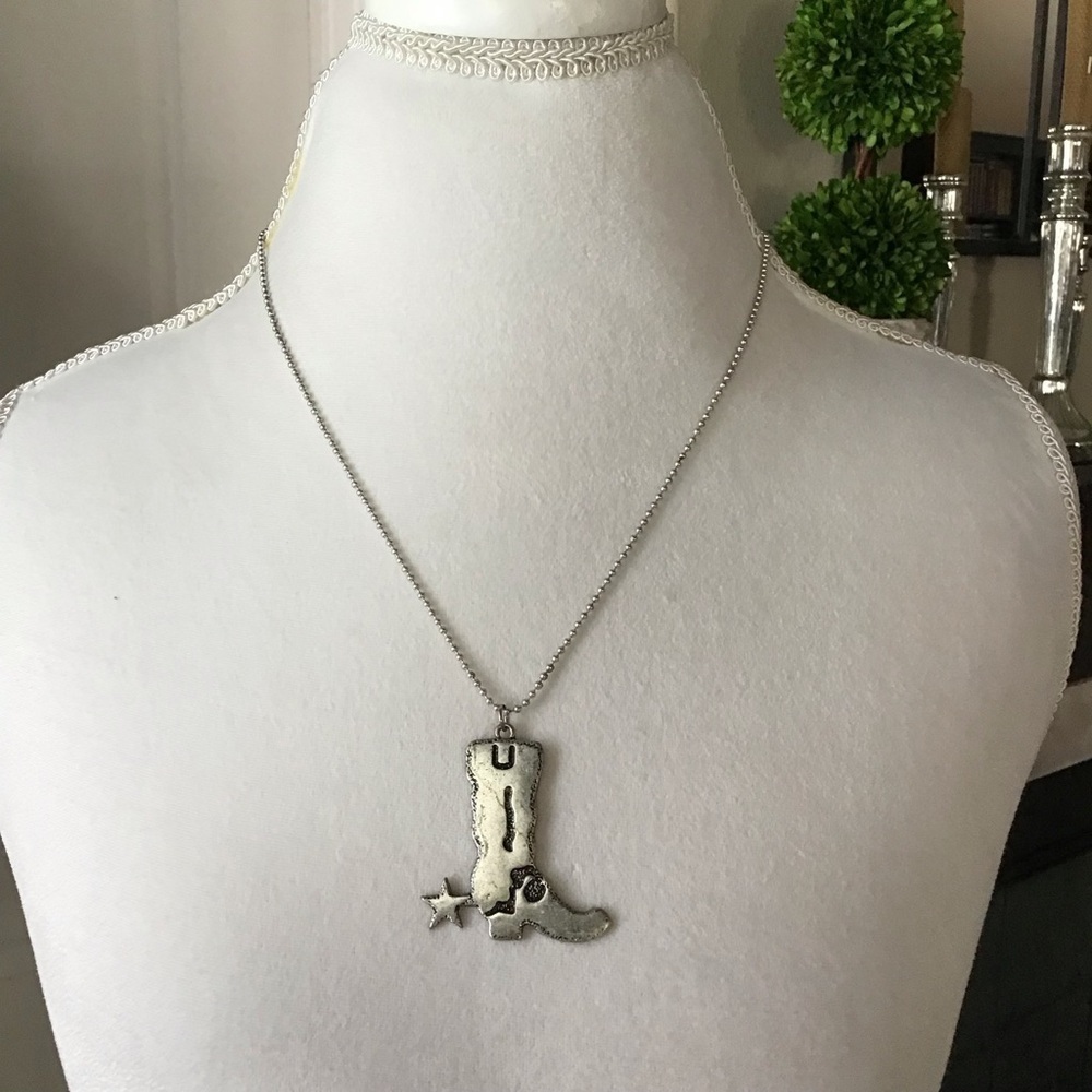 Texas Cowgirl Boot Spur Necklace Western Boho Silver Tone Ball Chain Adjusts NEW
